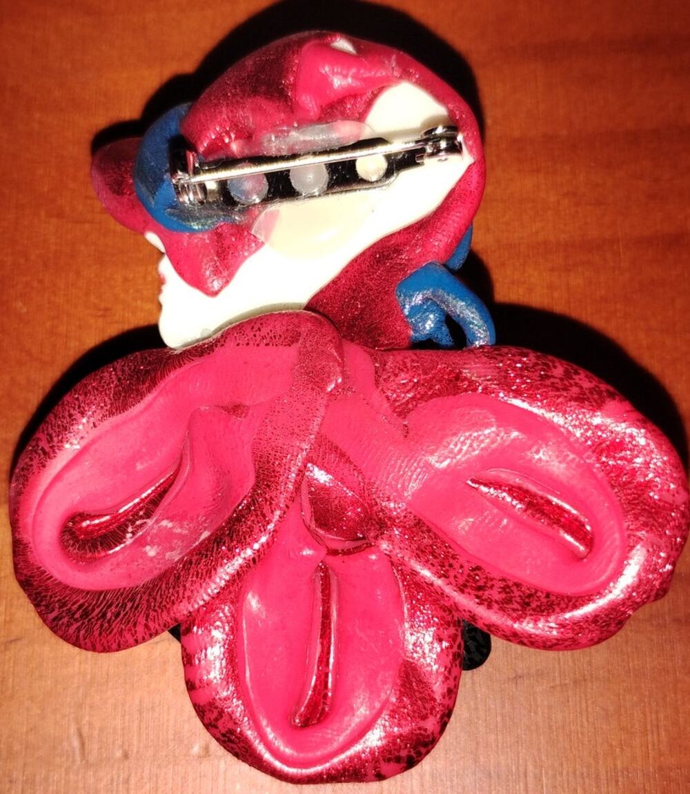 Vintage 3D Lady Face Brooch Red Hat Black Bow Statement Pin